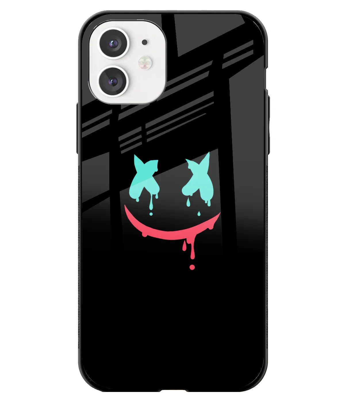 A front-on view of a glass phone case with a colorful design.