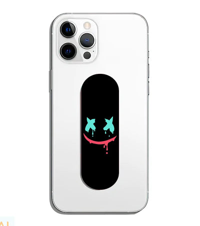 A phone grip slider applied to the back of a smartphone.