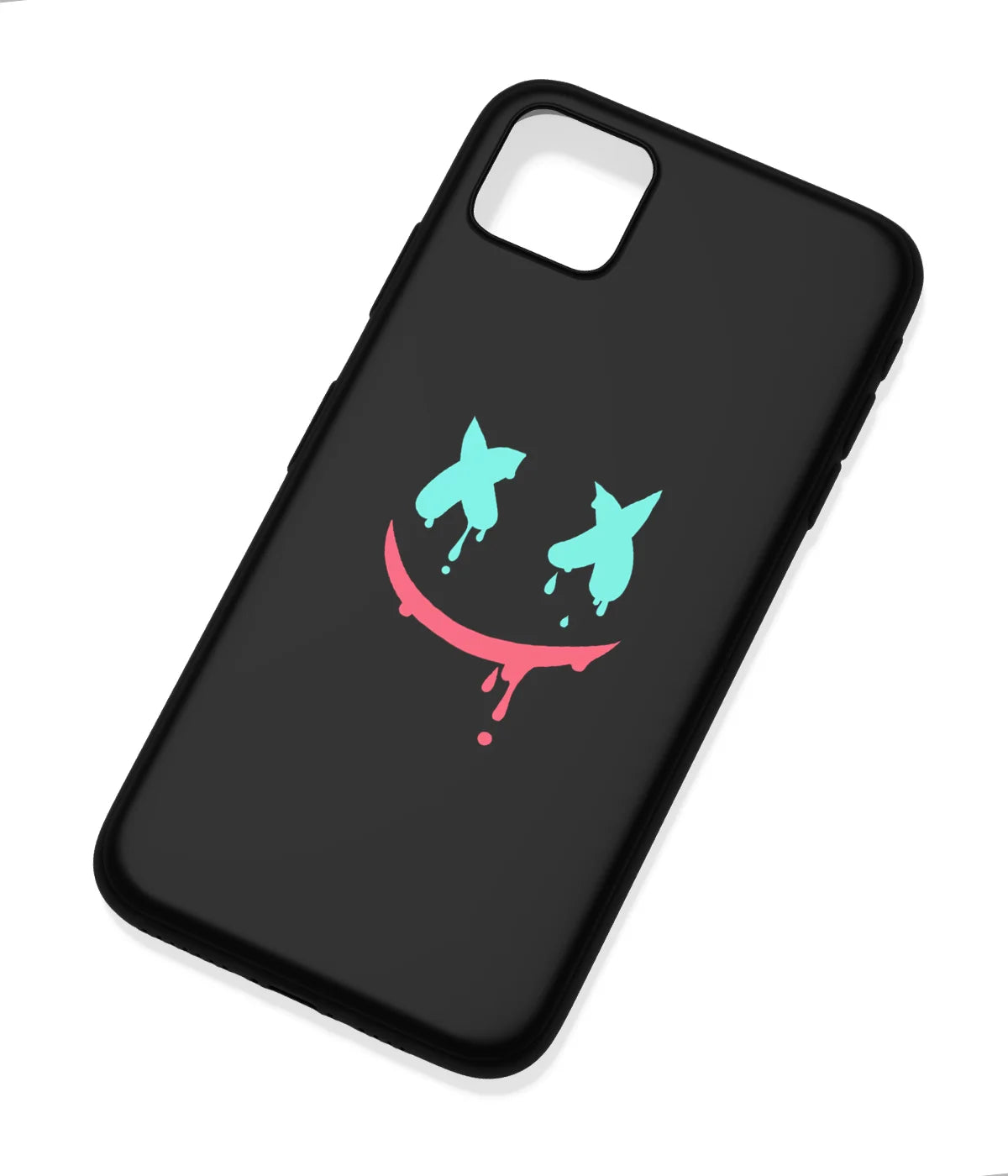 An angled view of a soft silicone case featuring a colorful design.