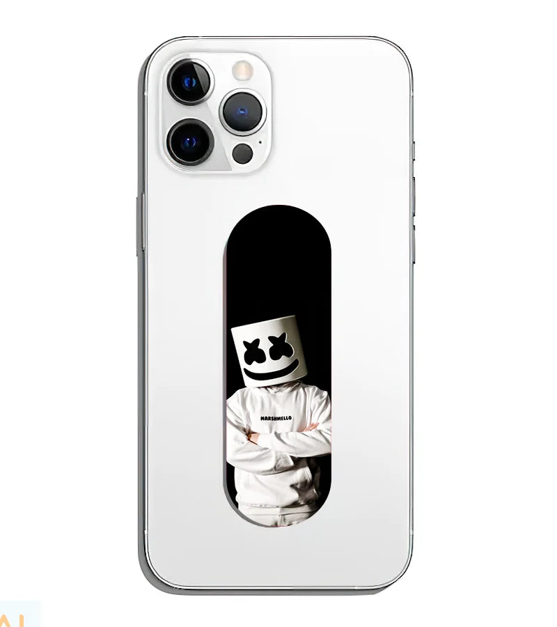 A phone grip slider applied to the back of a smartphone.
