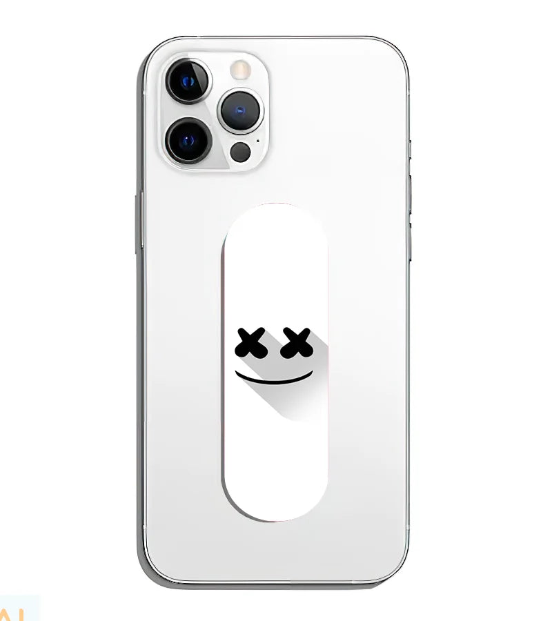 A phone grip slider applied to the back of a smartphone.