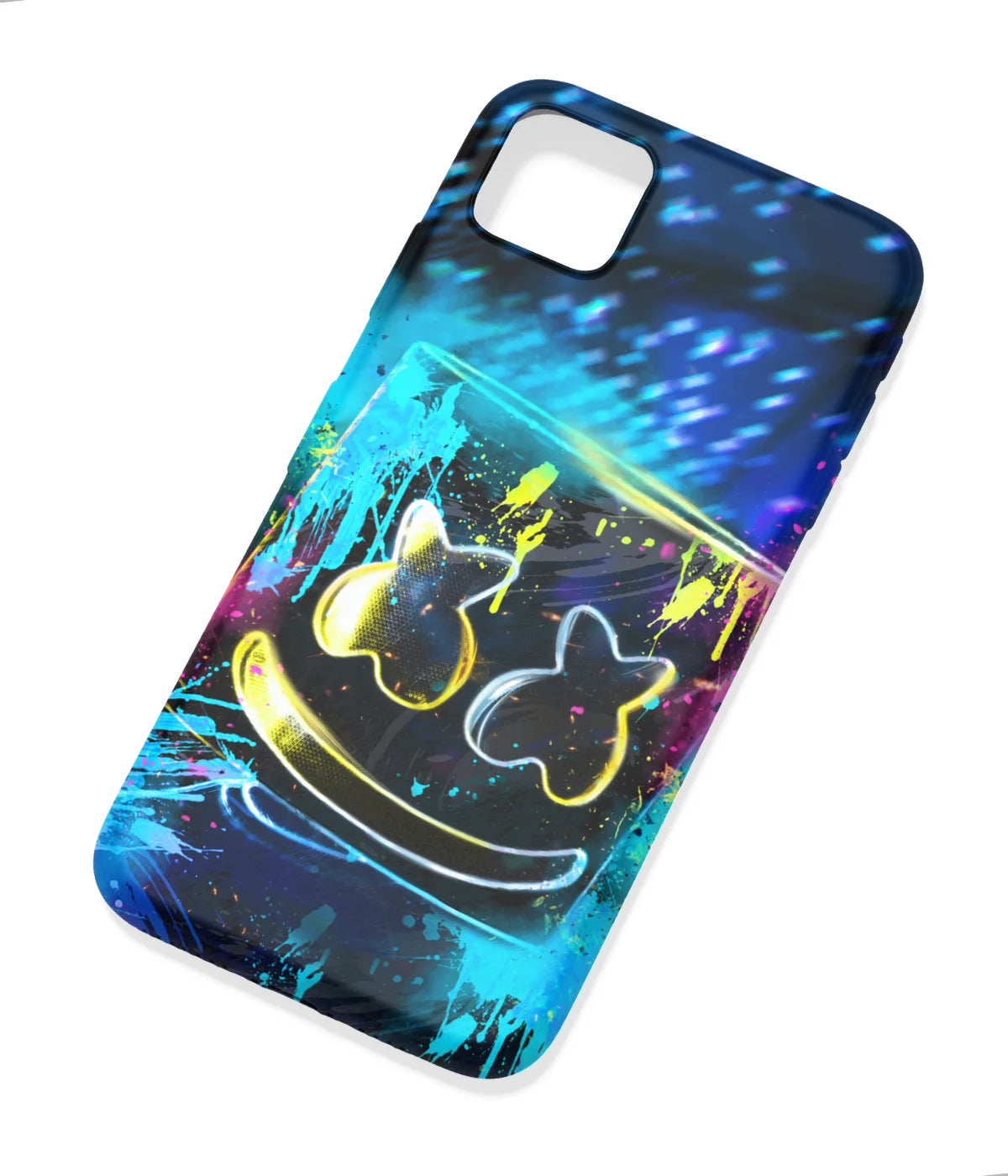 An angled view of a soft silicone case featuring a colorful design.