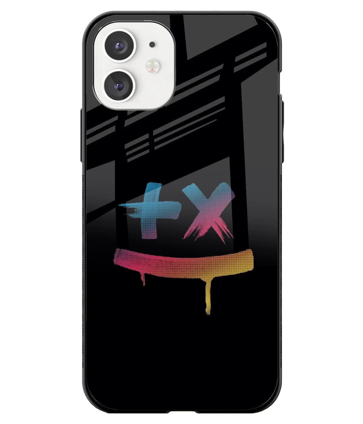 A front-on view of a glass phone case with a colorful design.