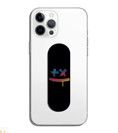 A phone grip slider applied to the back of a smartphone.