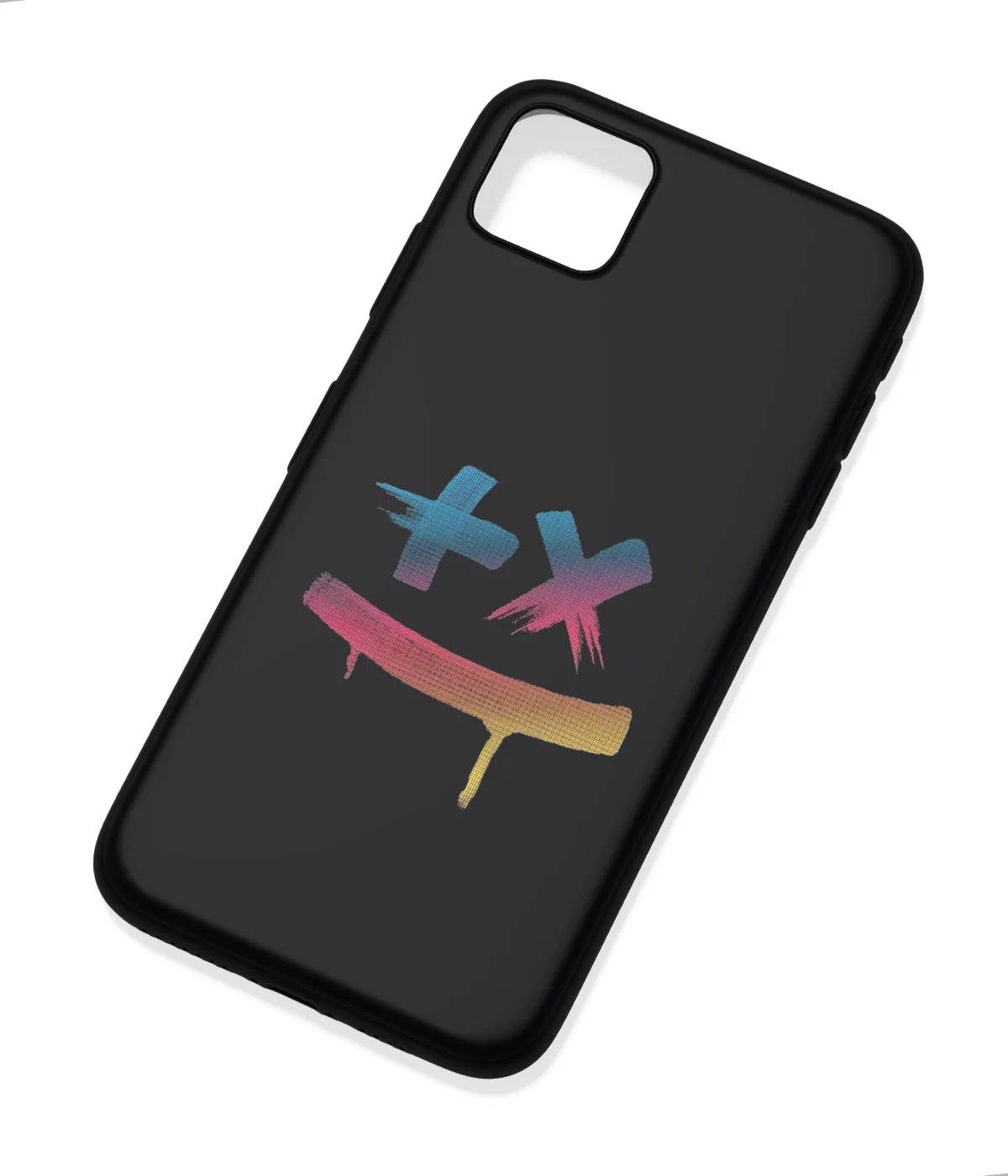 An angled view of a soft silicone case featuring a colorful design.