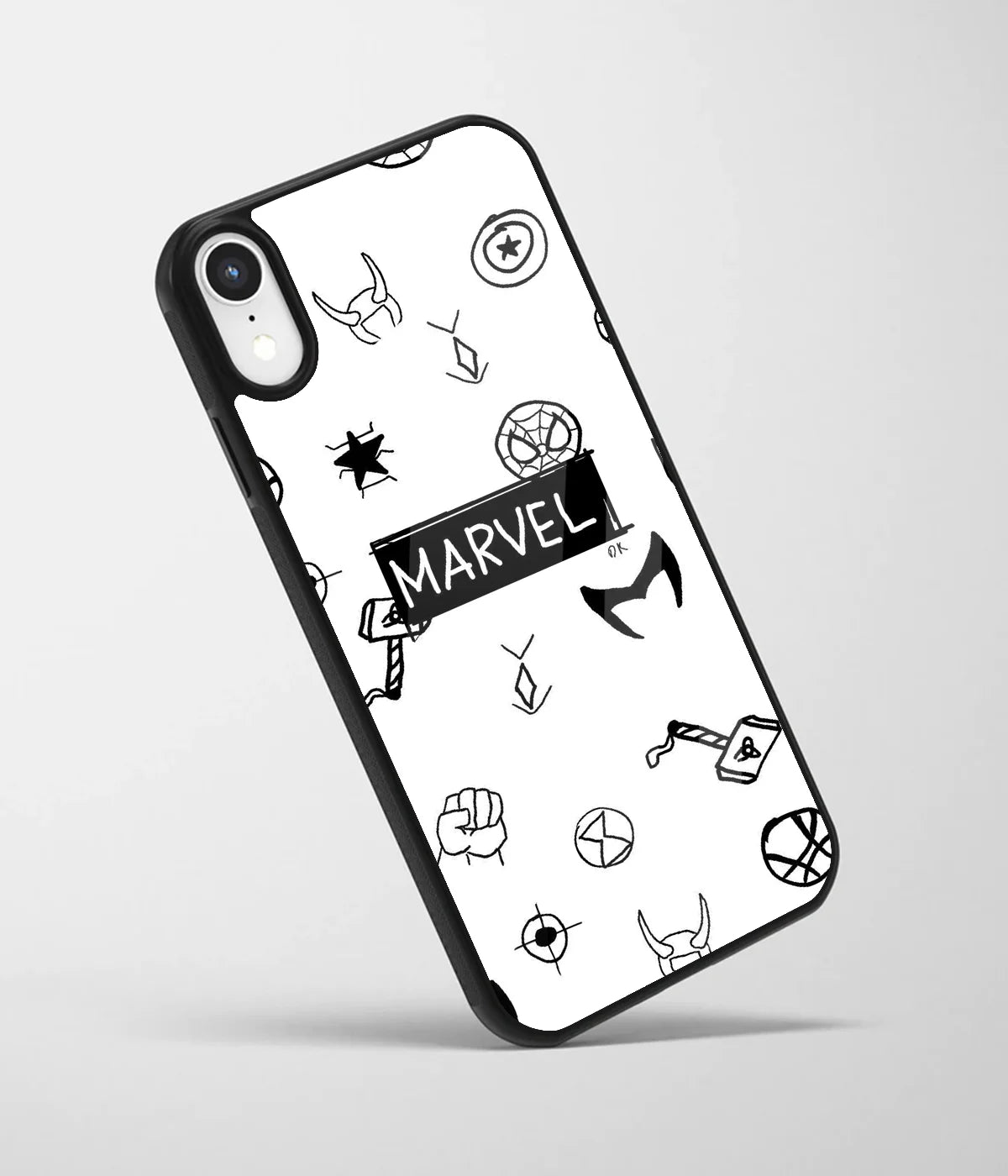 An angled view of a glass phone case featuring a vibrant design.