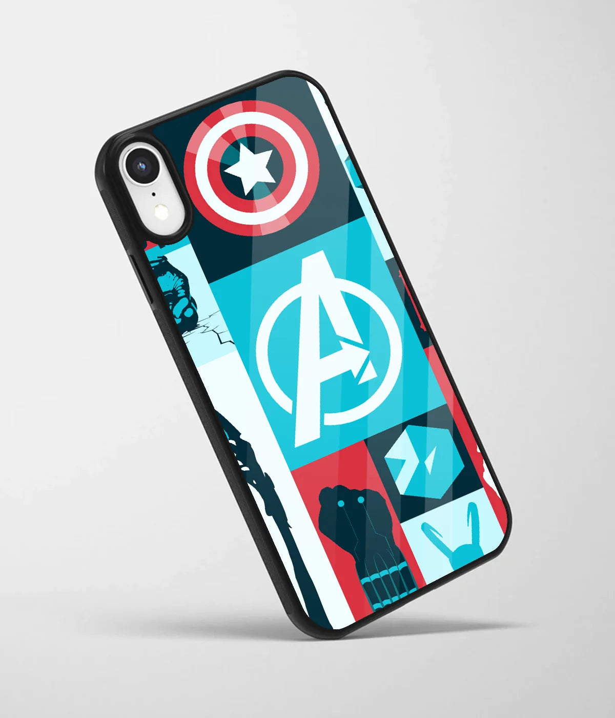An angled view of a glass phone case featuring a vibrant design.