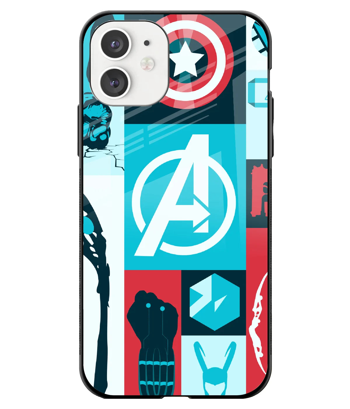 A front-on view of a glass phone case with a colorful design.