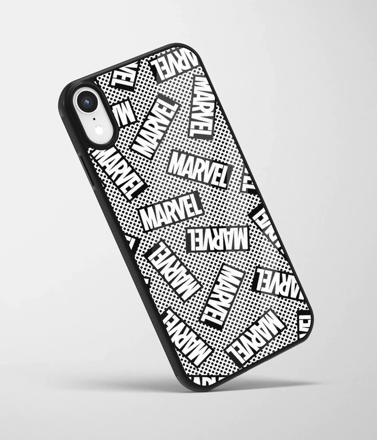 An angled view of a glass phone case featuring a vibrant design.