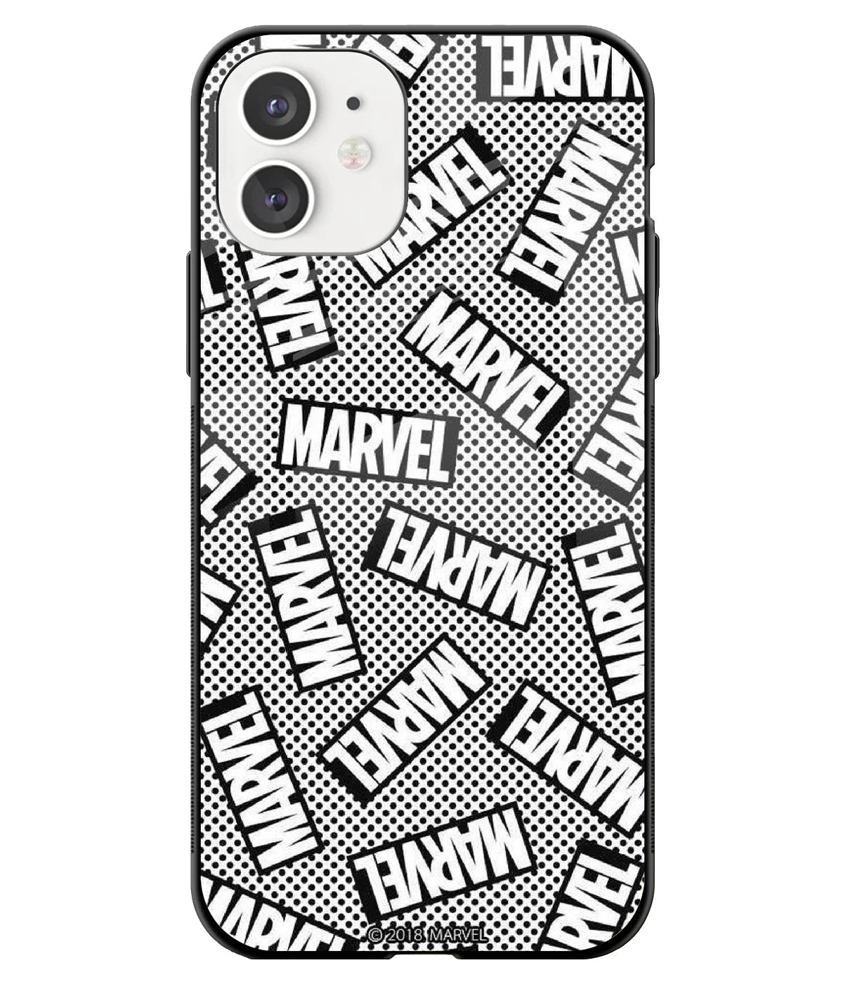 A front-on view of a glass phone case with a colorful design.