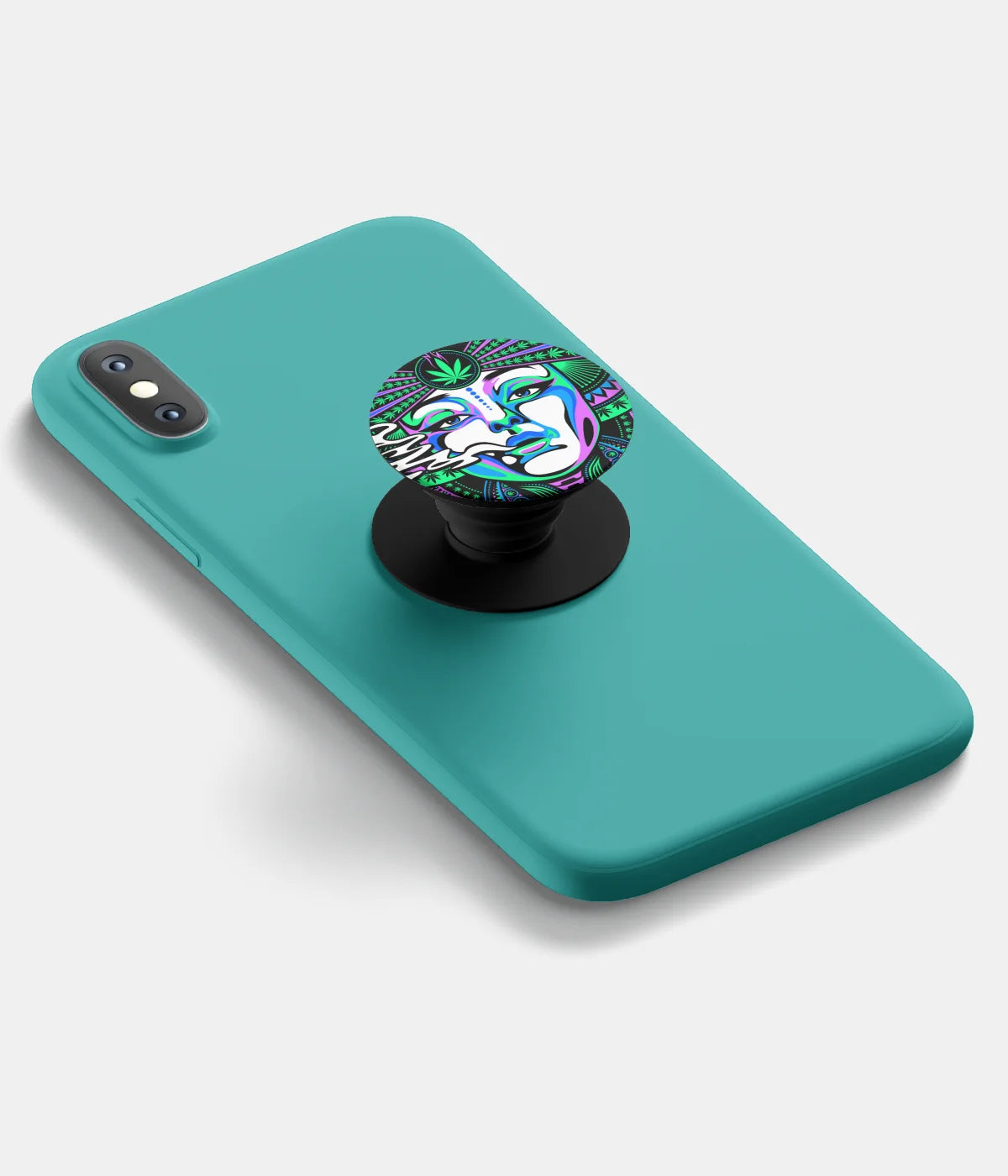 A top-down view of a phone grip holder attached to a mobile phone case on a white background