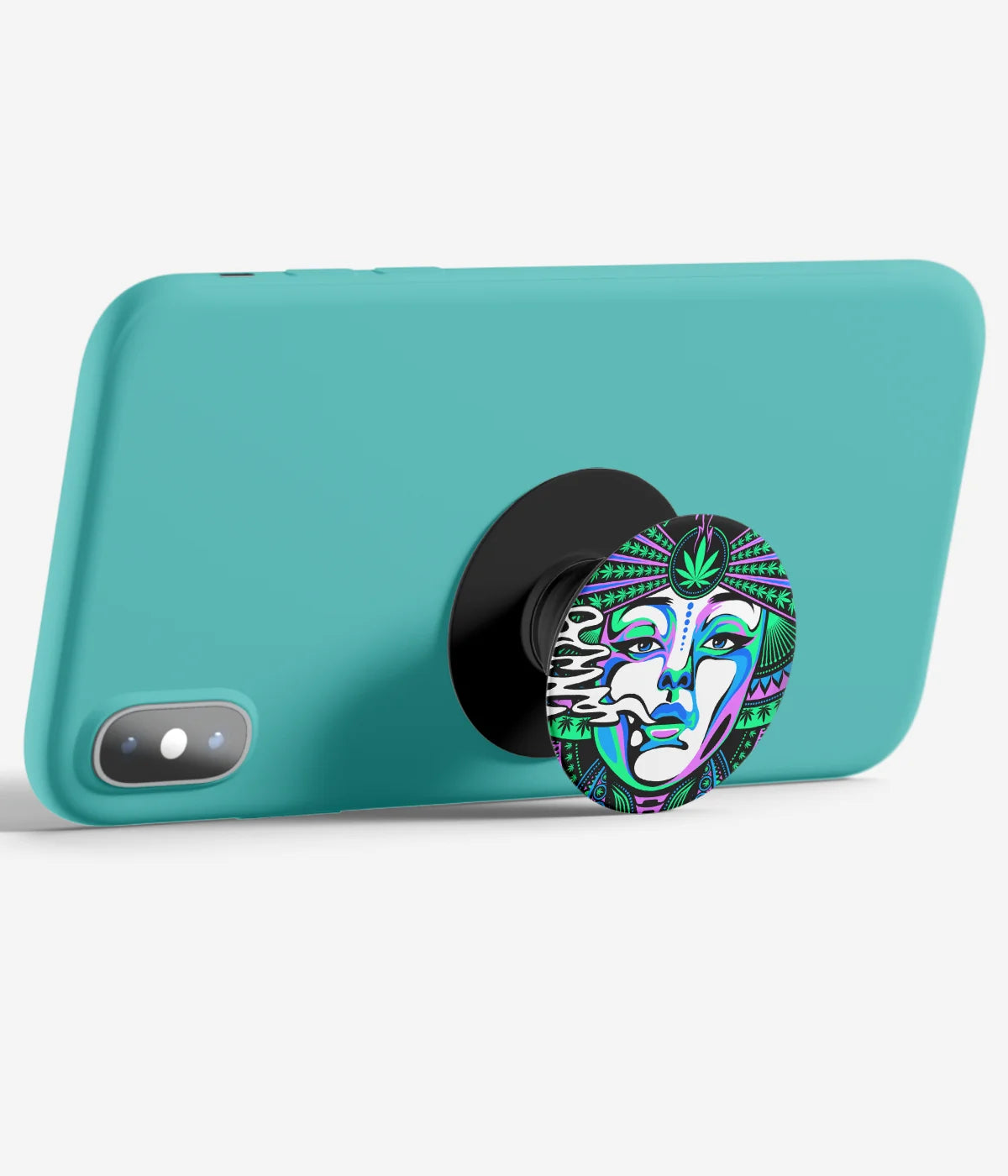 An image demonstrating how to use the phone grip as a stand to hold a mobile phone in landscape mode for hands-free viewing