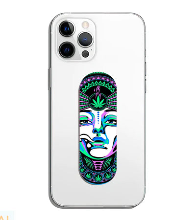 A phone grip slider applied to the back of a smartphone.