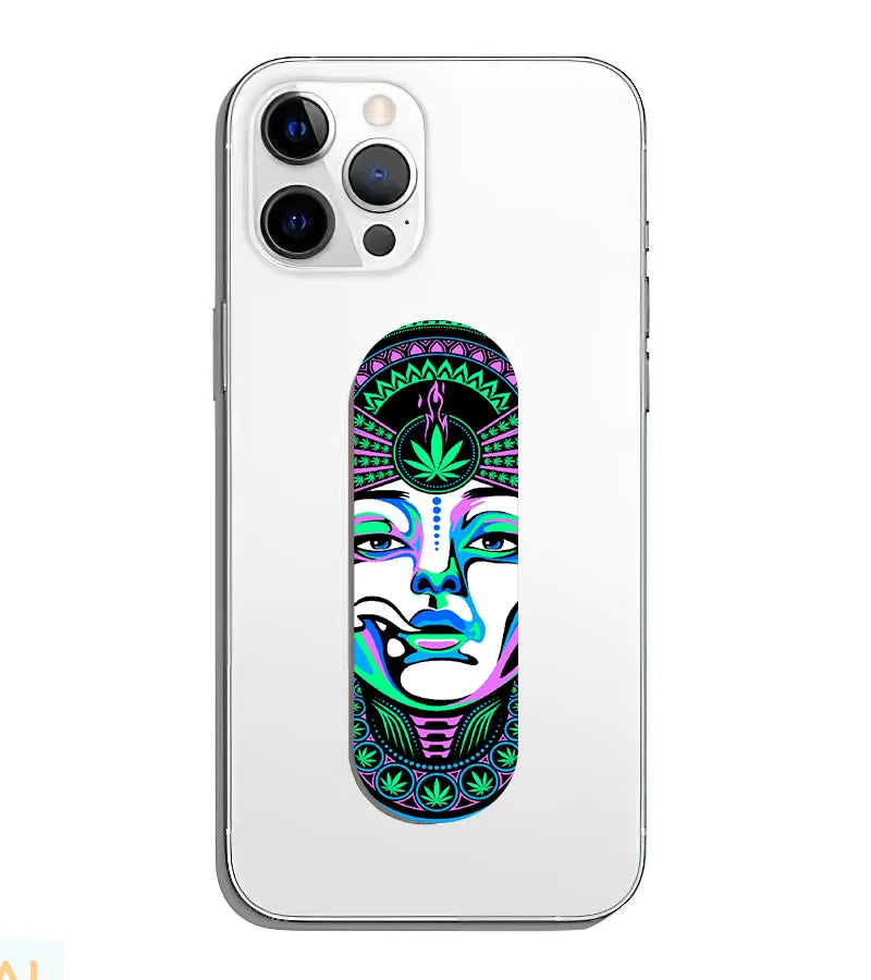 A phone grip slider applied to the back of a smartphone.