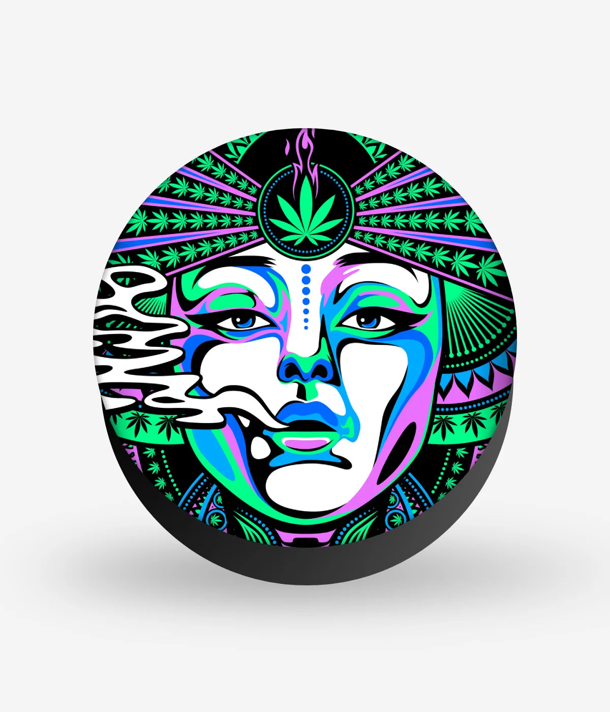 Mobile phone grip with a colorful design on a white background