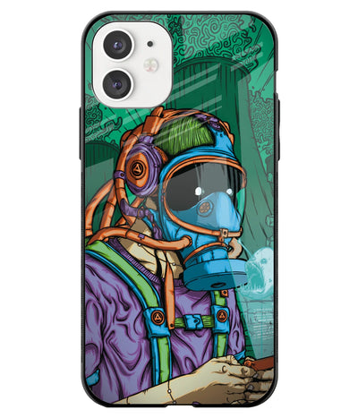 A front-on view of a glass phone case with a colorful design.