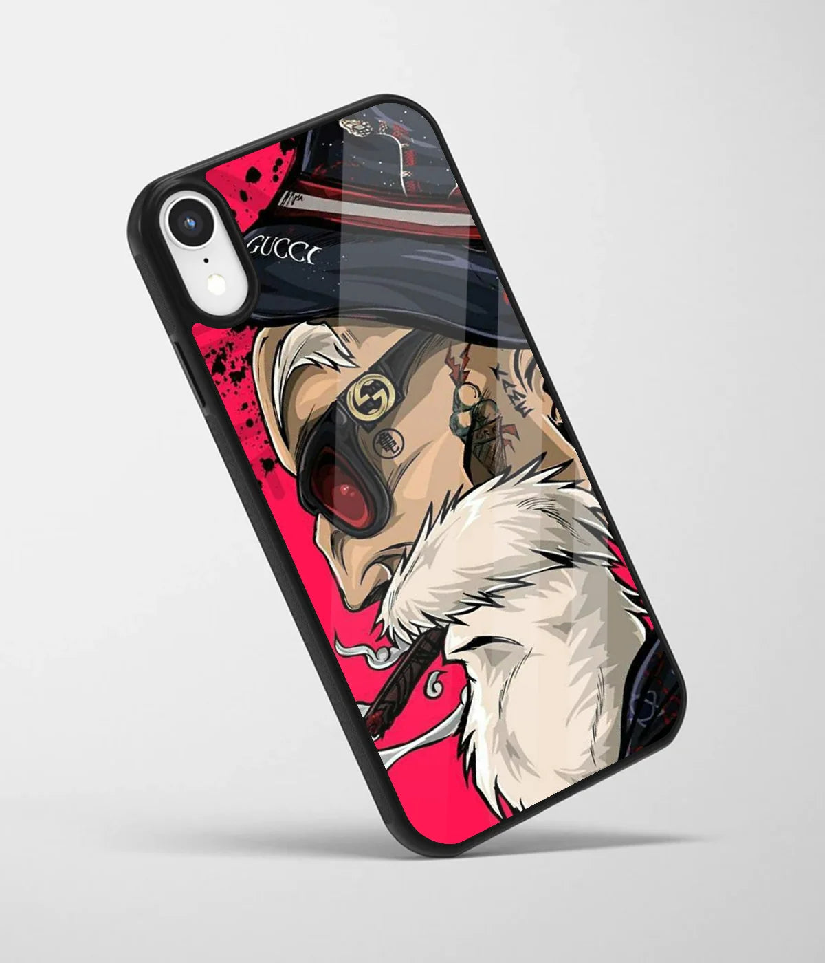 An angled view of a glass phone case featuring a vibrant design.