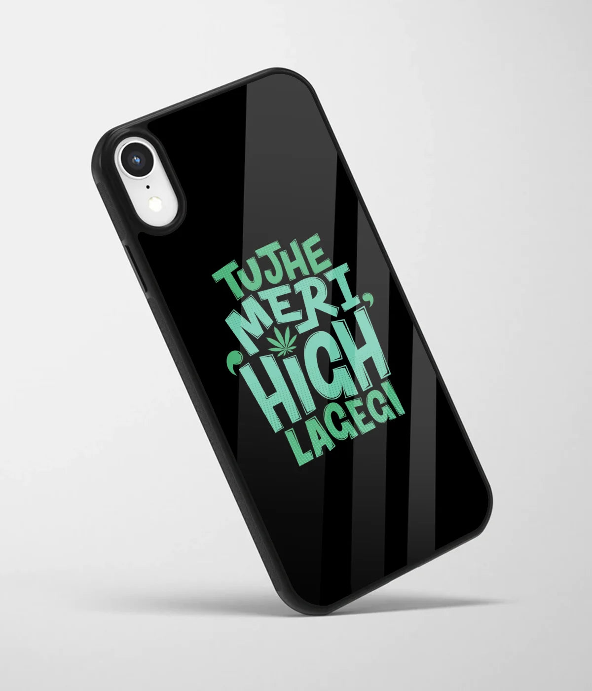 An angled view of a glass phone case featuring a vibrant design.