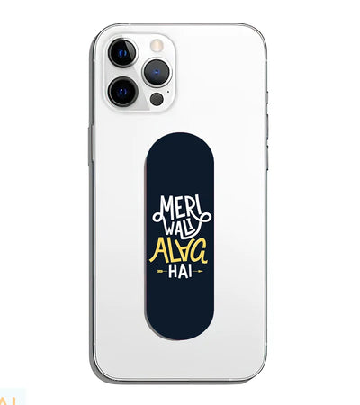 A phone grip slider applied to the back of a smartphone.