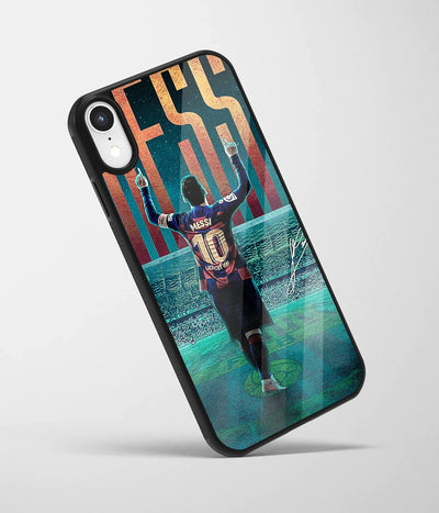 An angled view of a glass phone case featuring a vibrant design.