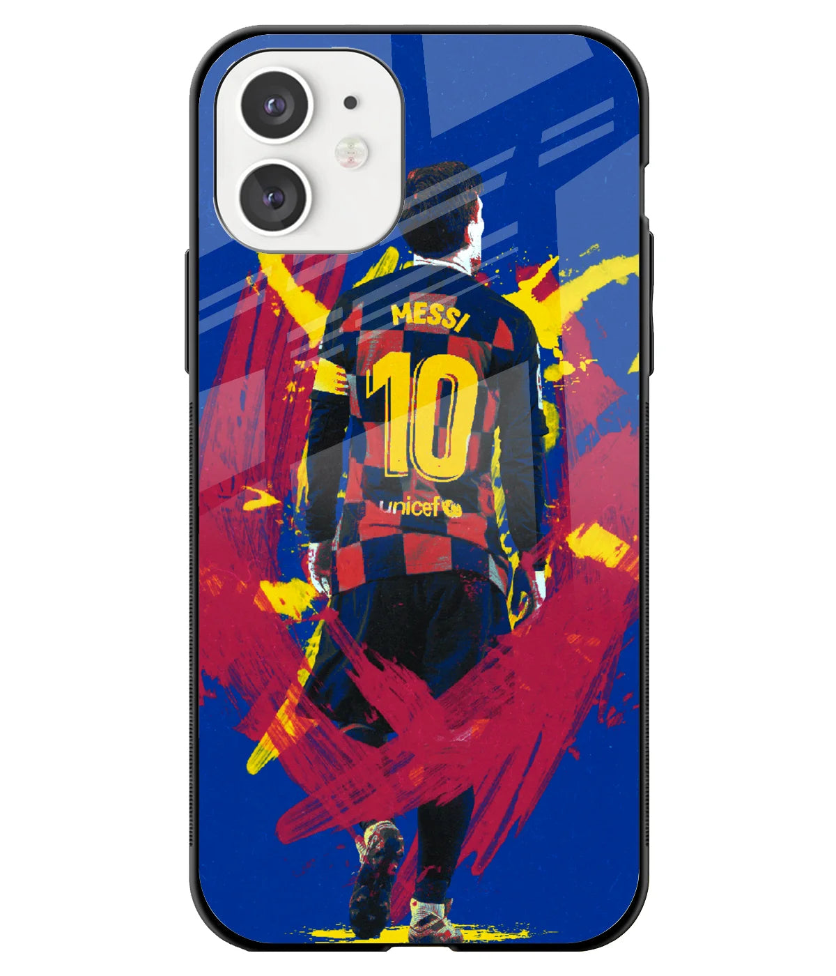 A front-on view of a glass phone case with a colorful design.