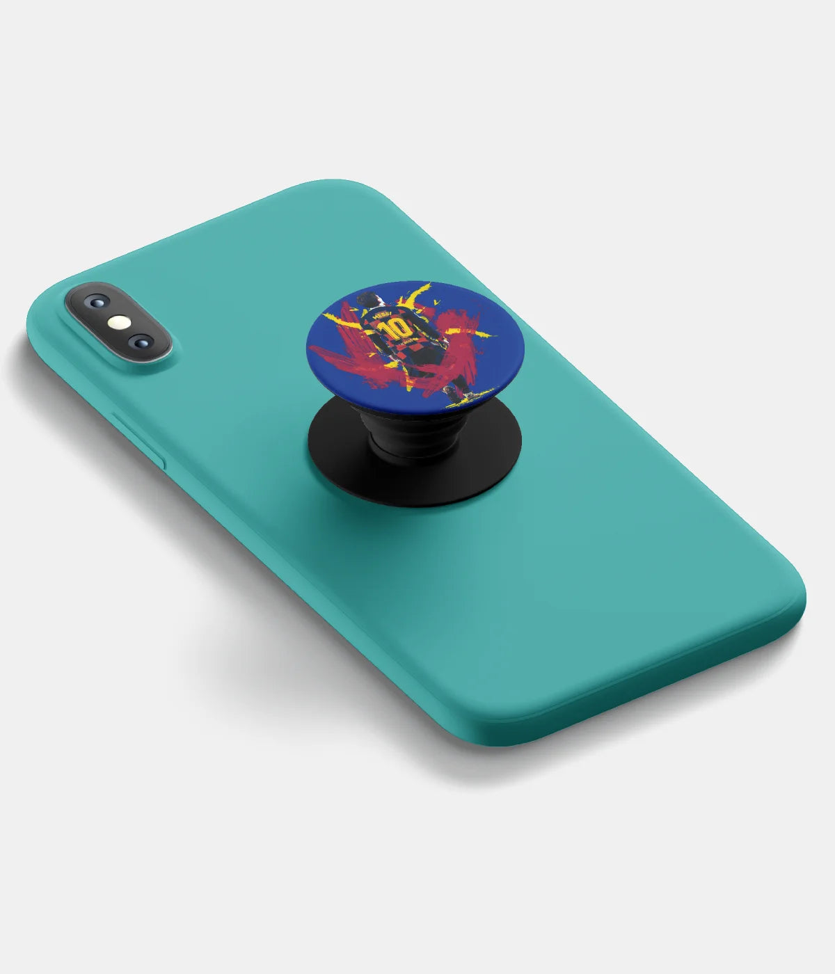 A top-down view of a phone grip holder attached to a mobile phone case on a white background