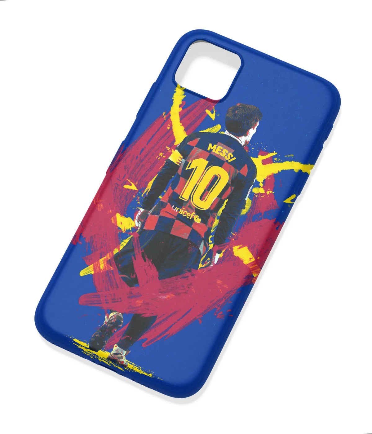 An angled view of a soft silicone case featuring a colorful design.