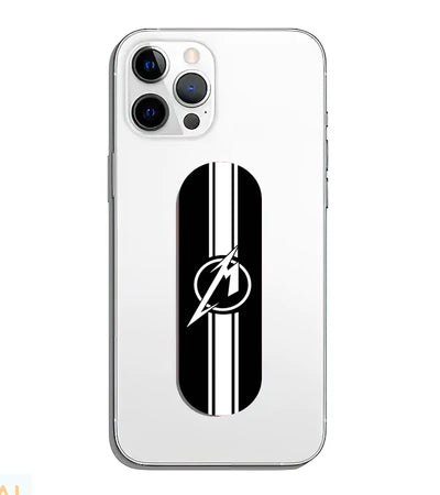 A phone grip slider applied to the back of a smartphone.