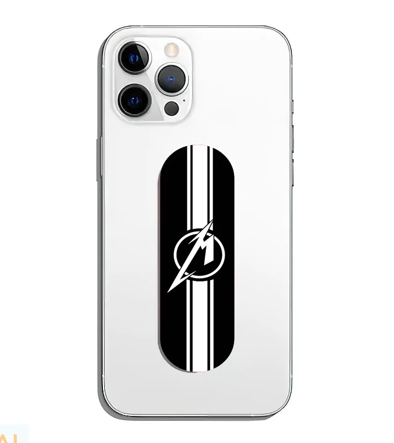 A phone grip slider applied to the back of a smartphone.