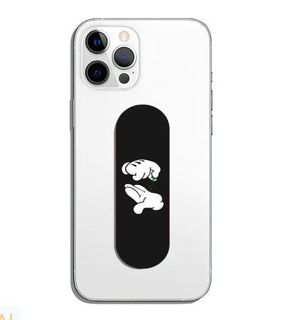 A phone grip slider applied to the back of a smartphone.