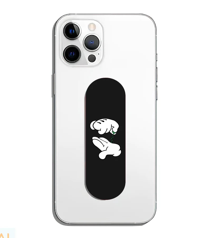 A phone grip slider applied to the back of a smartphone.