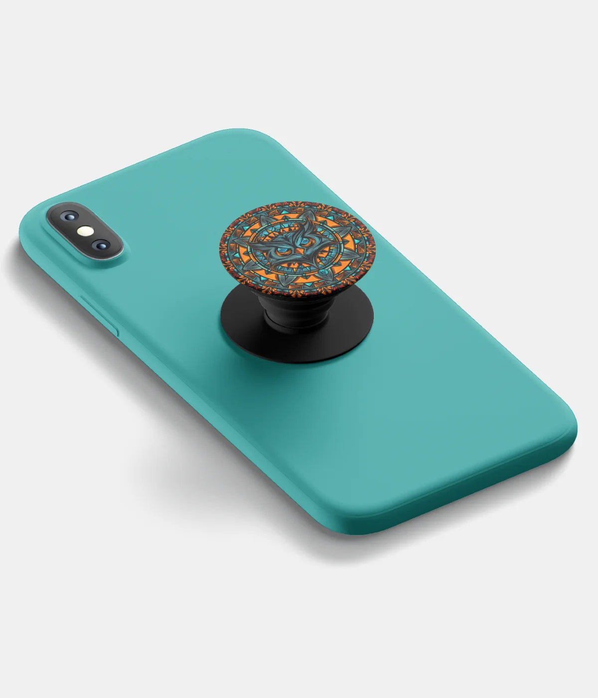 A top-down view of a phone grip holder attached to a mobile phone case on a white background