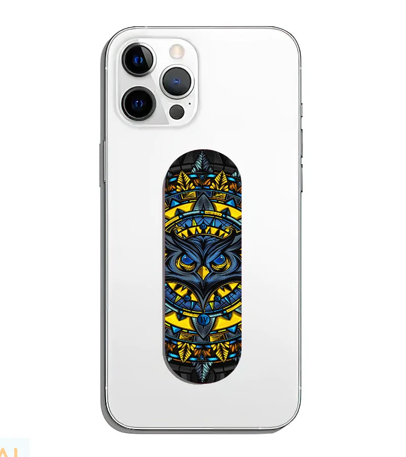 A phone grip slider applied to the back of a smartphone.