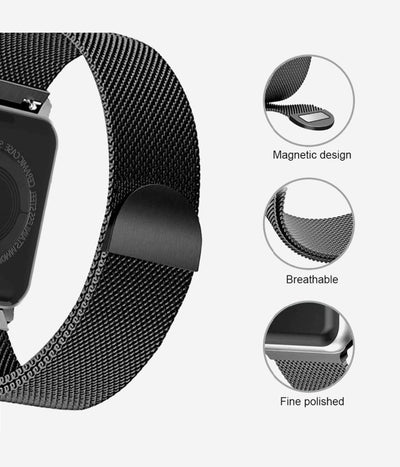 Image highlighting the magnetic design and breathability of the Milanese Loop Apple Watch band.