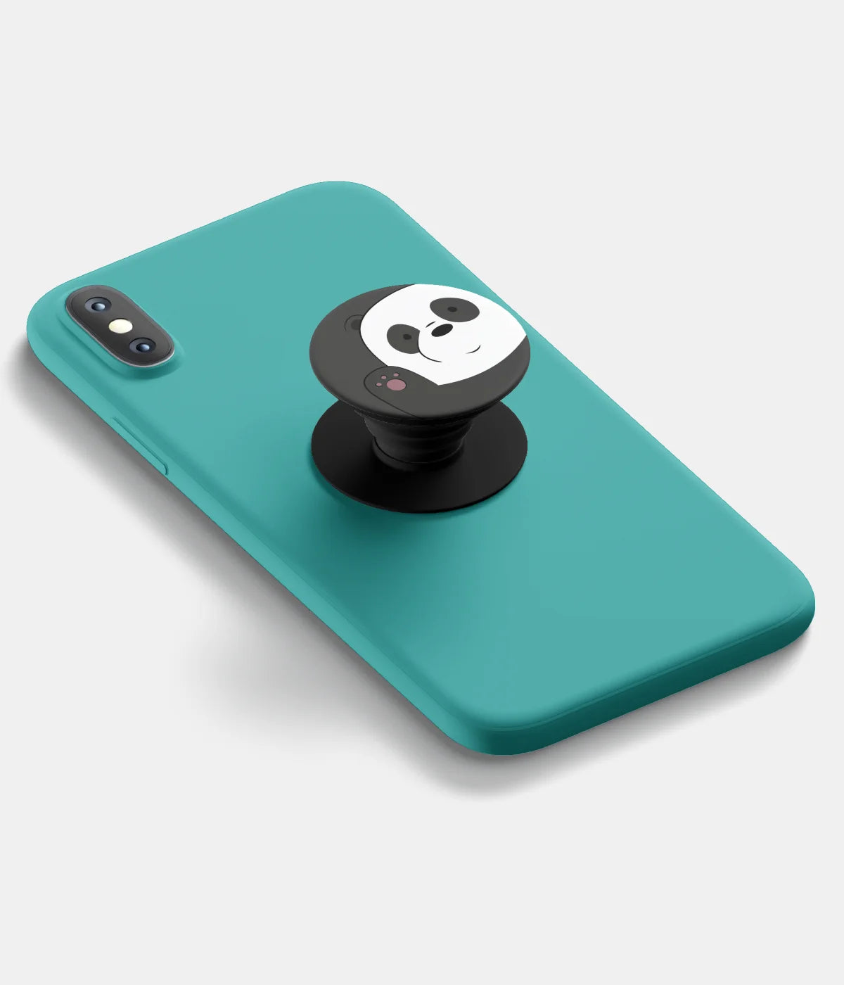 A top-down view of a phone grip holder attached to a mobile phone case on a white background