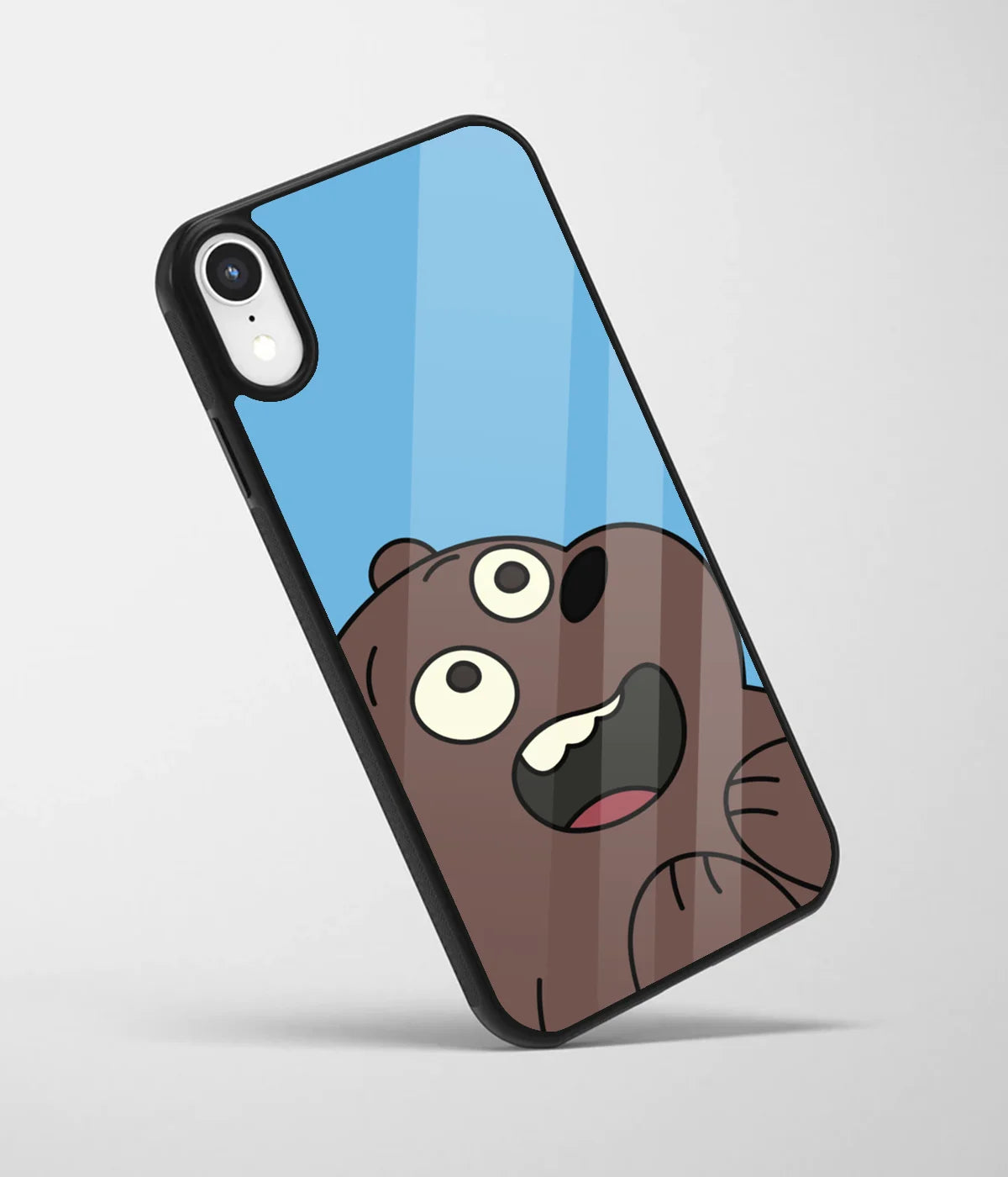 An angled view of a glass phone case featuring a vibrant design.