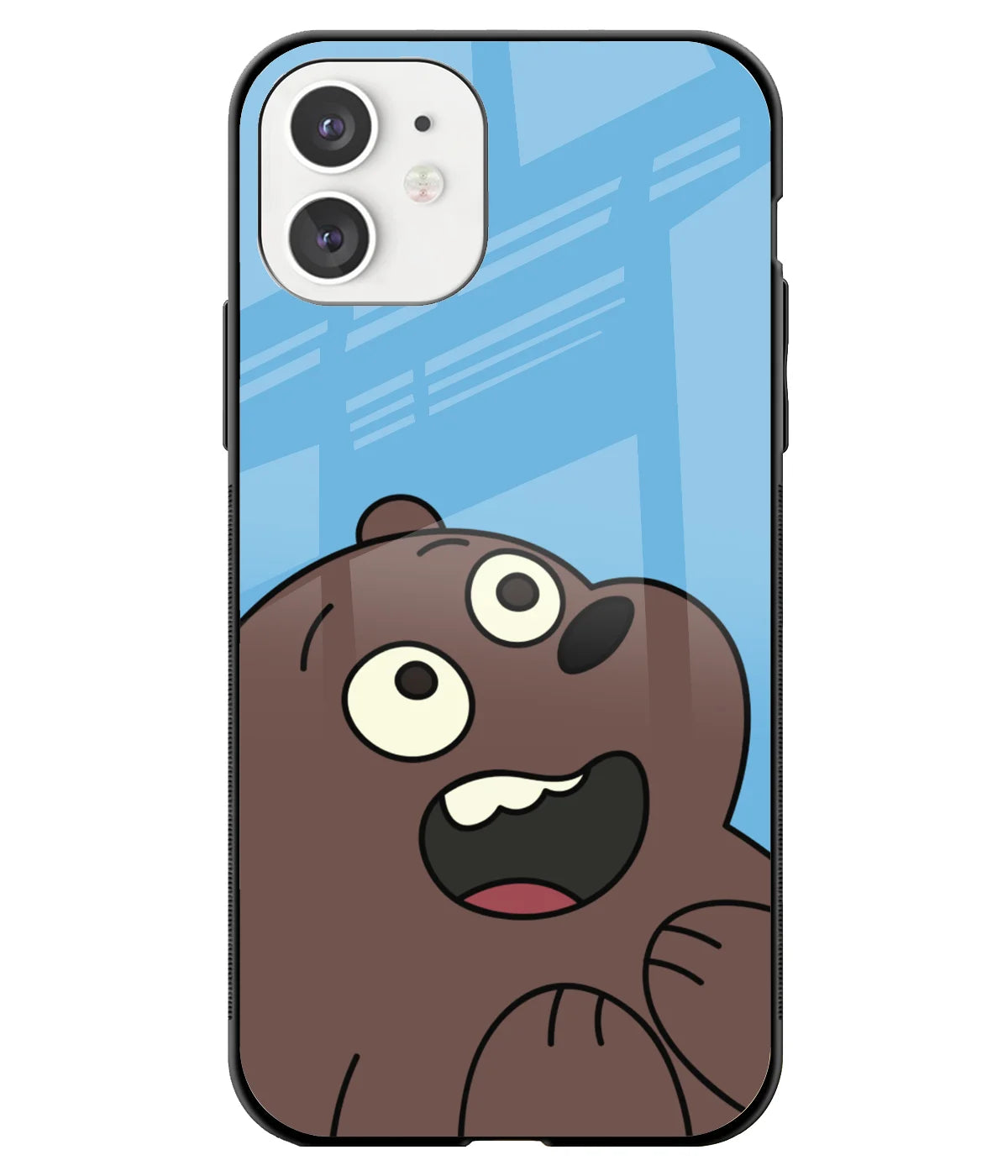 A front-on view of a glass phone case with a colorful design.