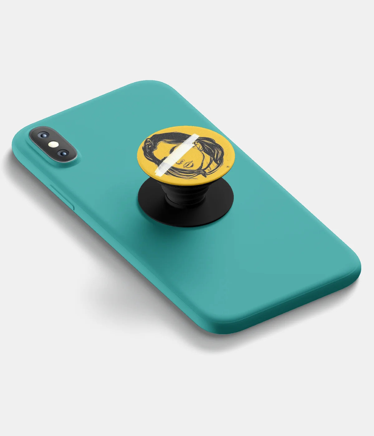 A top-down view of a phone grip holder attached to a mobile phone case on a white background
