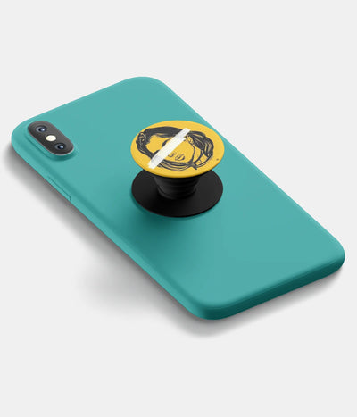 A top-down view of a phone grip holder attached to a mobile phone case on a white background