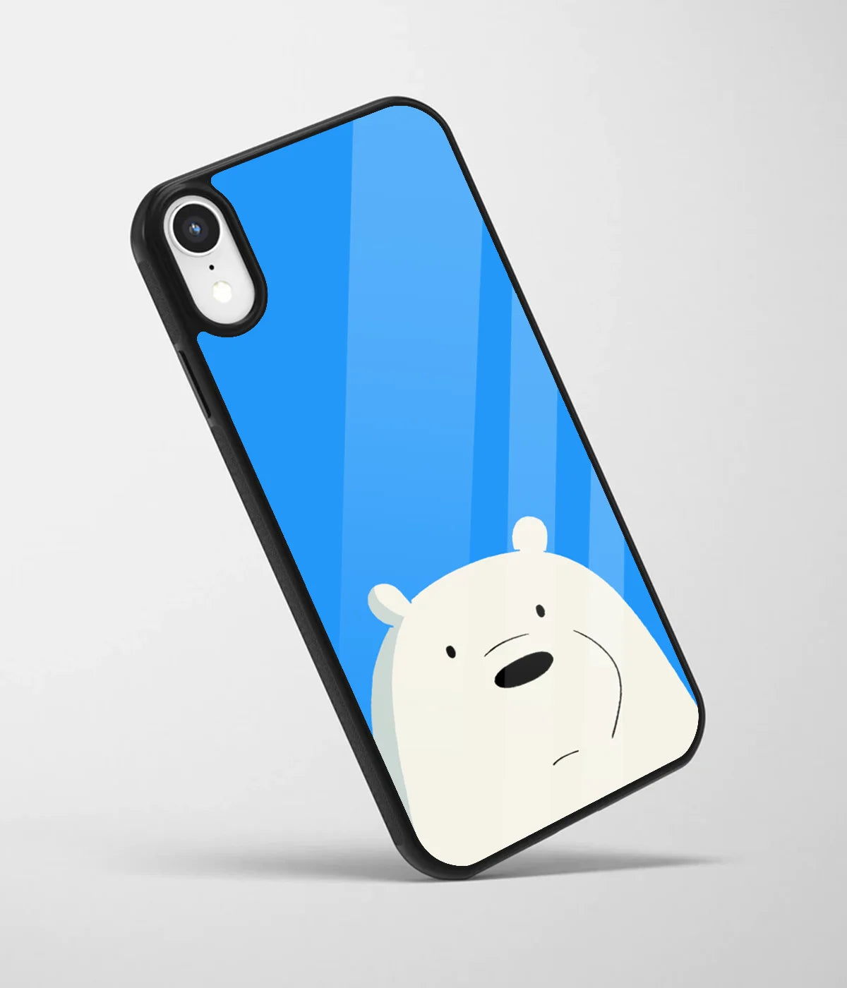 An angled view of a glass phone case featuring a vibrant design.