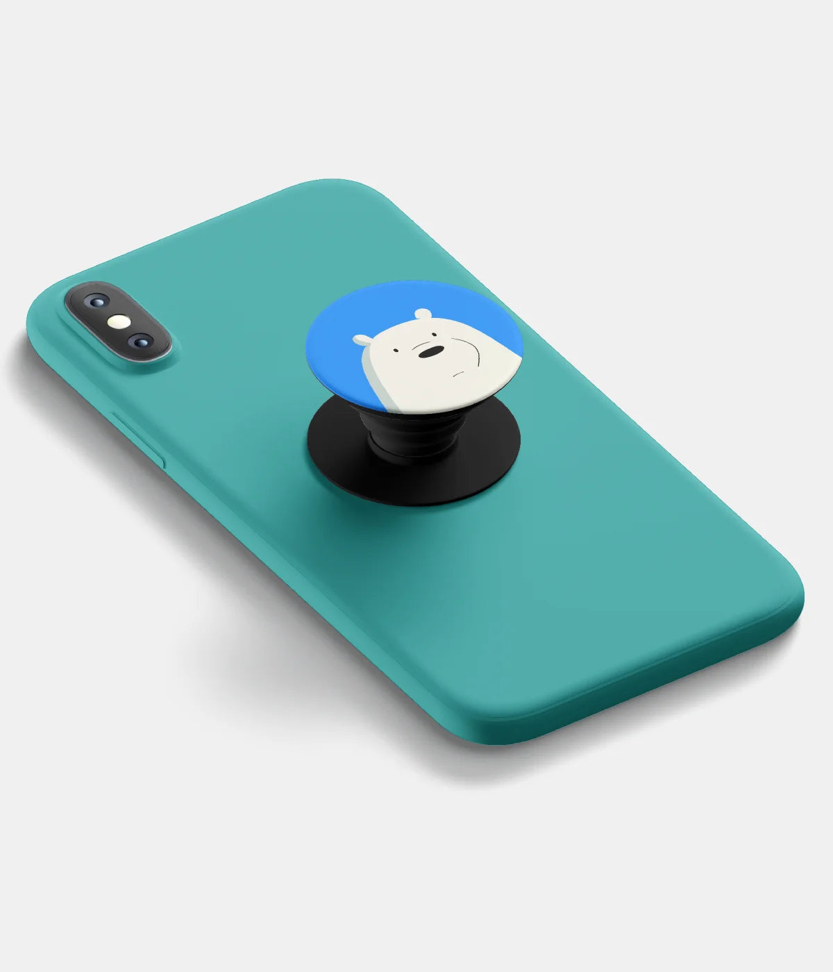 A top-down view of a phone grip holder attached to a mobile phone case on a white background