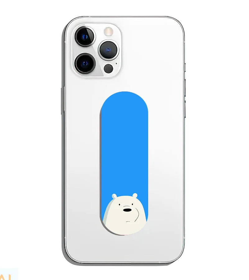 A phone grip slider applied to the back of a smartphone.