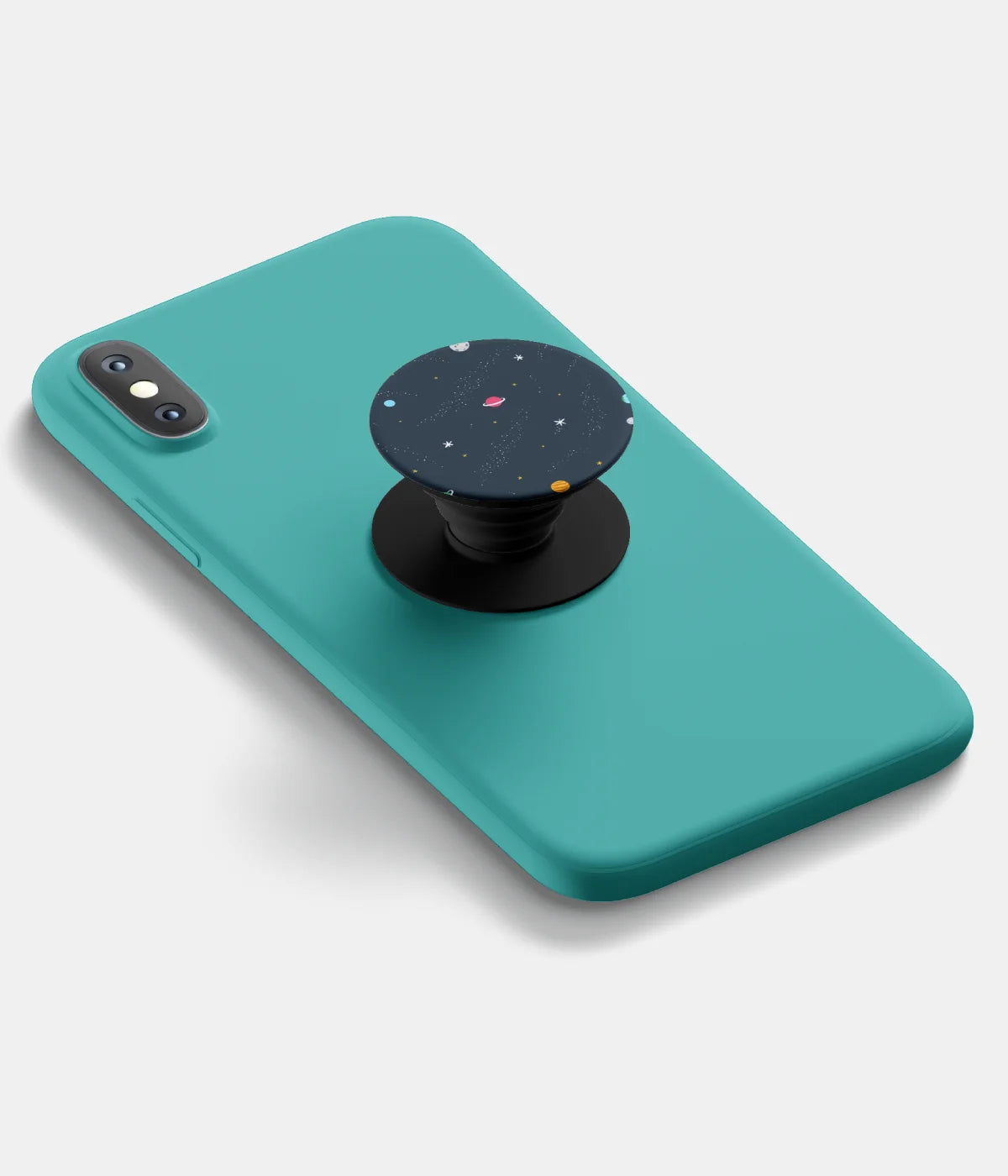 A top-down view of a phone grip holder attached to a mobile phone case on a white background
