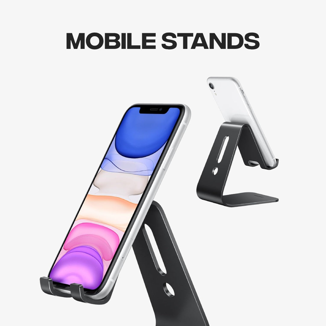 Banner displaying durable black metal Mobile Stands holding a smartphone with the text "Mobile Stands".