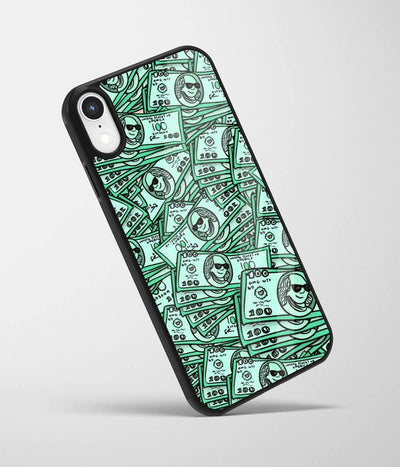 An angled view of a glass phone case featuring a vibrant design.