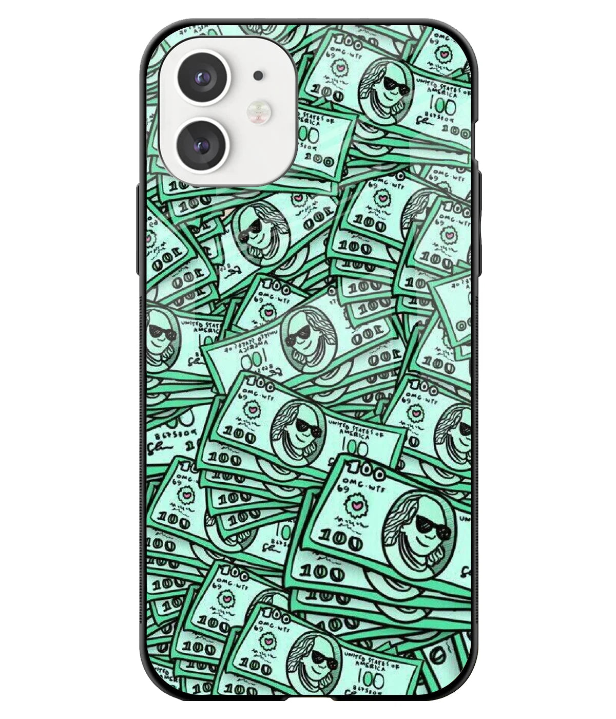 A front-on view of a glass phone case with a colorful design.