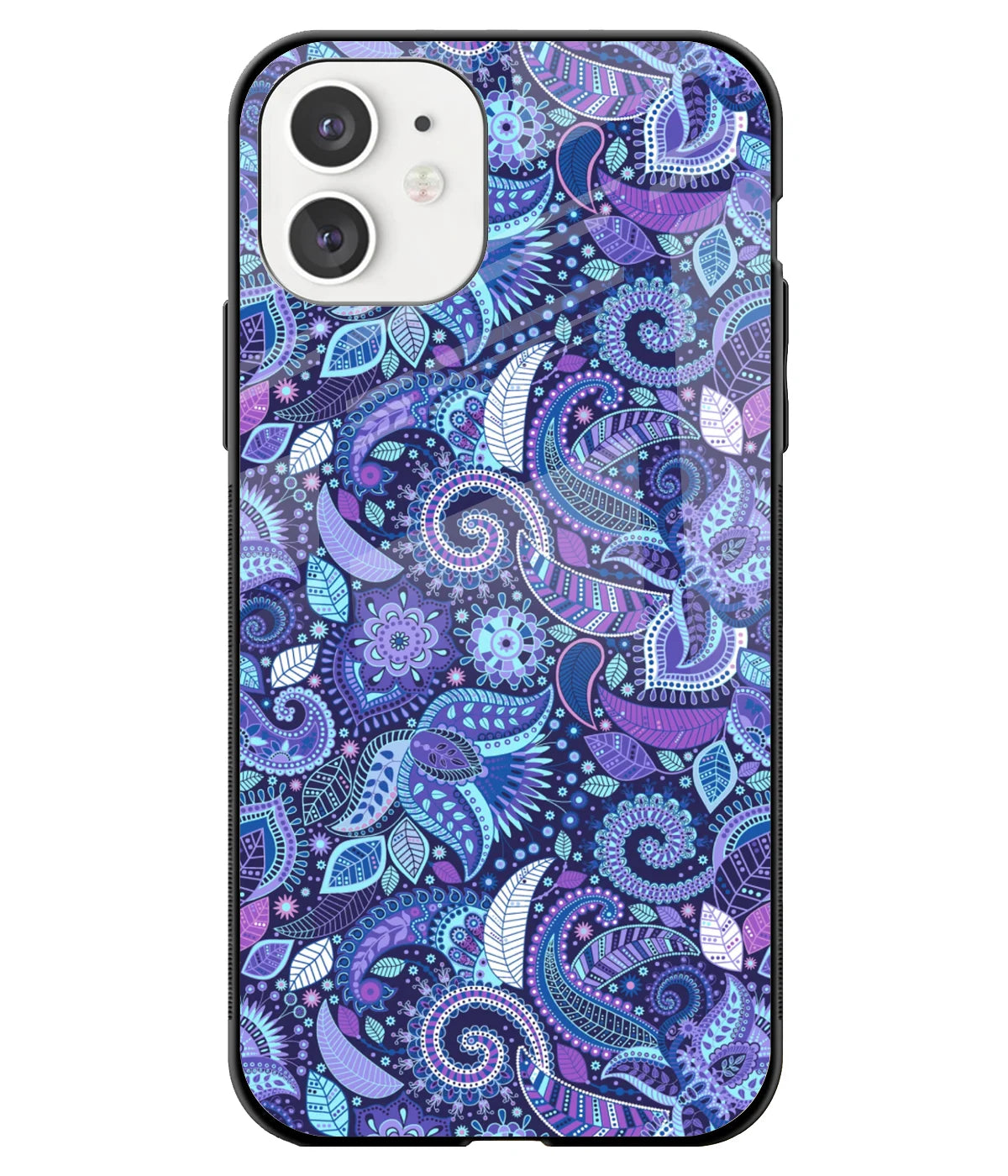 A front-on view of a glass phone case with a colorful design.