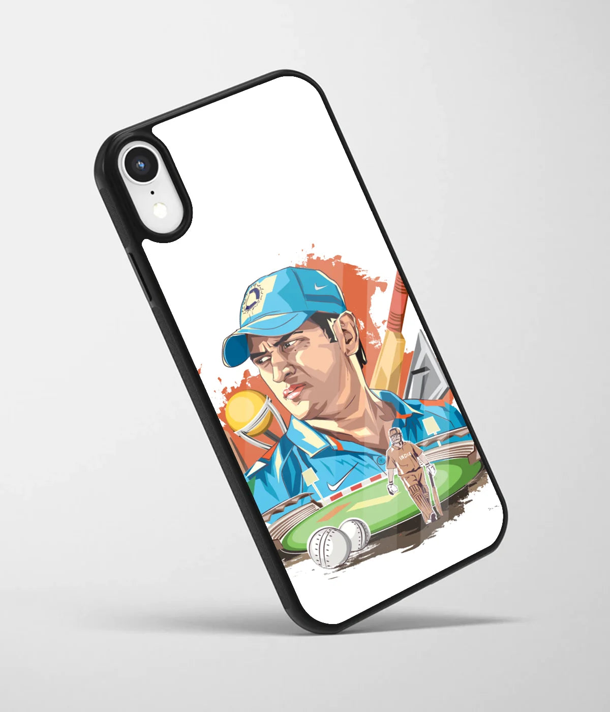 An angled view of a glass phone case featuring a vibrant design.