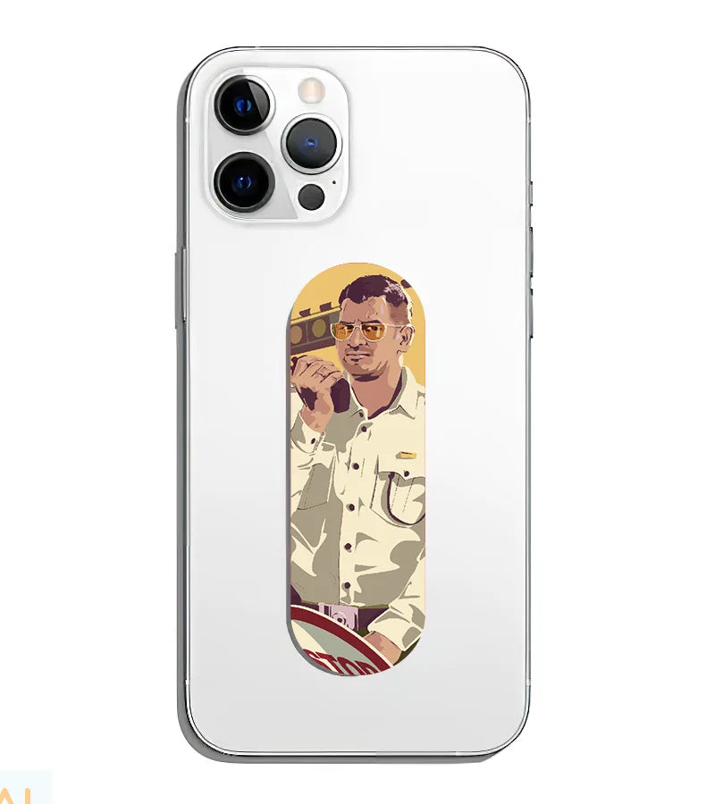 A phone grip slider applied to the back of a smartphone.
