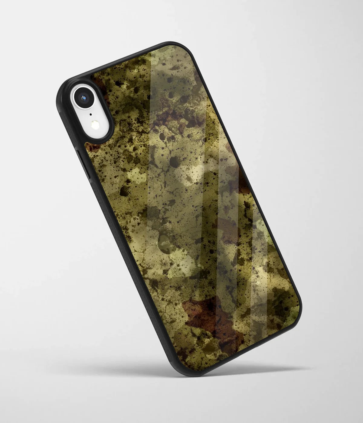 An angled view of a glass phone case featuring a vibrant design.